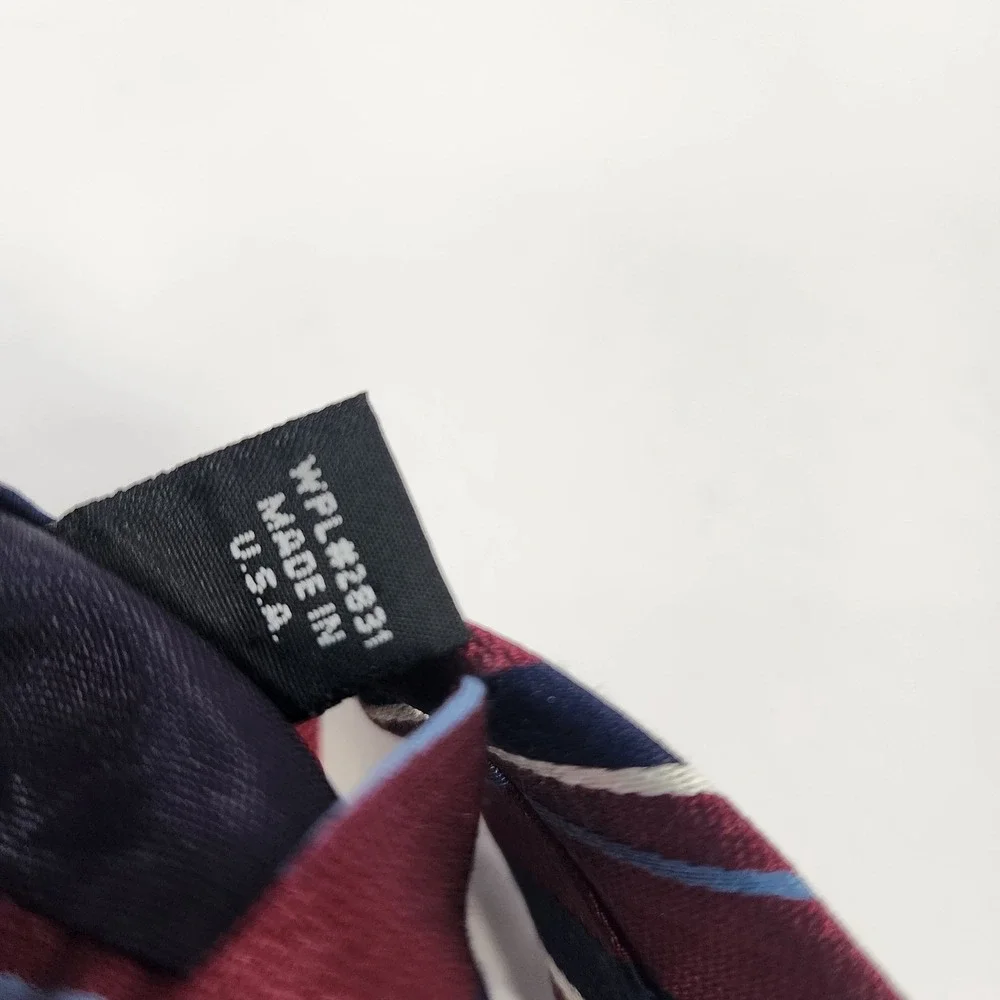 RBM Mens Silk Necktie Burgundy Navy Blue Striped Stain Resistant Made in USA